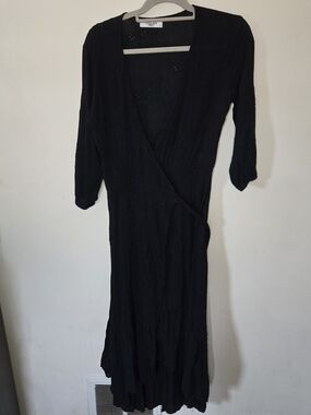 Black Wrap Midi‎ Dress by Carly Jean Small Floral Eyelet Whimsigoth Dark Romance
